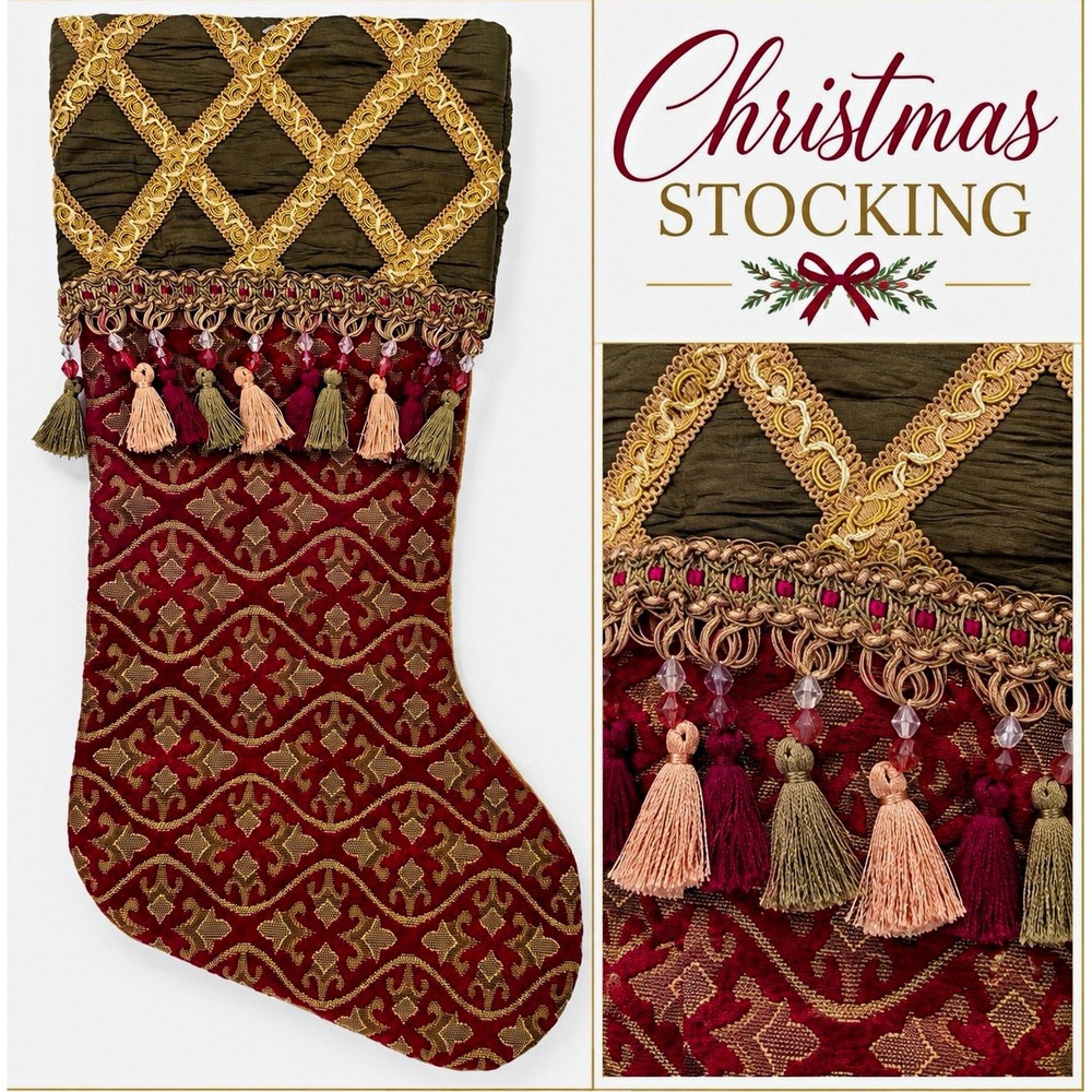 Christmas Stocking Burgundy Gold Tapestry Tassel Beaded Ornate Decor 22" NWOT